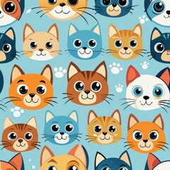 seamless pattern of cartoon-style cats and dogs with big expressive eyes