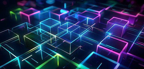 Canvas Print - Abstract background with neon glowing digital blocks forming an illuminated maze, symbolizing the complexity of data and technology in business or science.