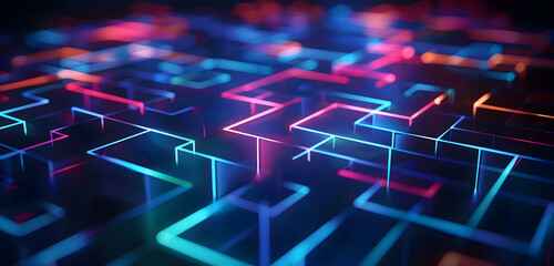 Wall Mural - Abstract background with neon glowing digital blocks forming an illuminated maze, symbolizing the complexity of data and technology in business or science.