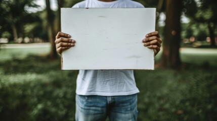 Person holding a blank sign outdoors in a park, wearing casual clothes. Ideal for different types of messages and themes.