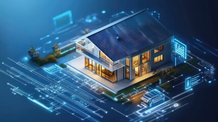 Smart Home Concept with a Modern House and Digital Interfaces