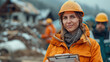 © Suralai - a geotechnical engineer speaking with construction foremen at a new building site. The engineer is holding a clipboard.generative ai