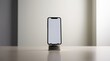 © Artthic - A very detailed and realistic workspace photo shows a cell phone in a stand with a blank white screen from the front view