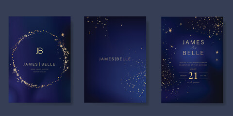 navy blue luxury wedding invitation, start invite thank you, rsvp modern card design in night sky wi