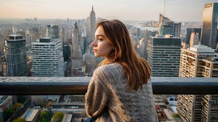 Young woman sitting alone seeing big city view at skyscpape, young generation move for good jobs or education, living alone in big city