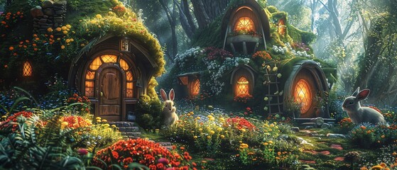 Cute forest houses, fairytale scene, flower bushes, funny bunnies, vintage style, whimsical, detailed, highquality image