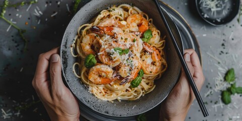 Poster - Male hands holding a gray Japanese bowl filled with spaghetti in a creamy sauce accompanied by roasted garlic shrimp and parmesan cheese with black chopsticks on a concrete surface