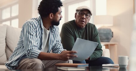 Poster - Senior man, son and documents with talking for helping, advice and explaining with financial statement. Home, father and male advisor in sofa with paperwork, retirement plan and investment records