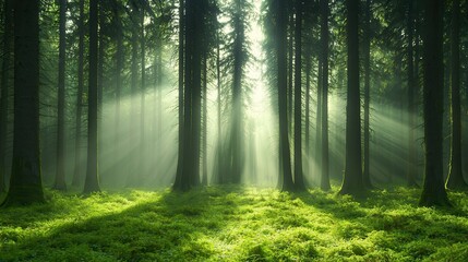 Sticker - Sunlight Rays Through Foggy Forest.