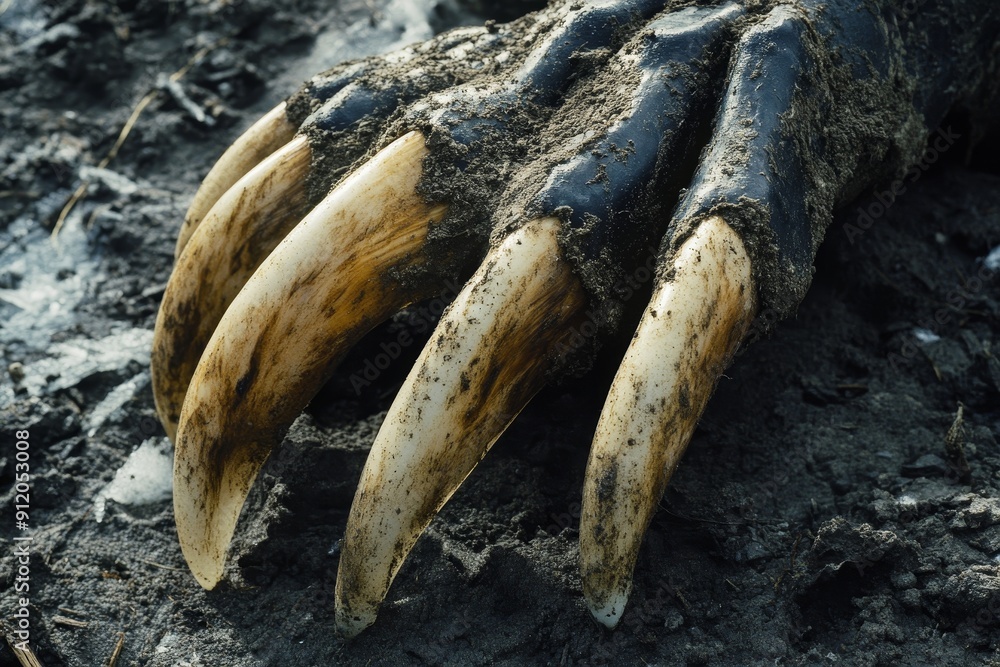 Detailed view of giant ground sloth claws, with visible dirt and ice ...