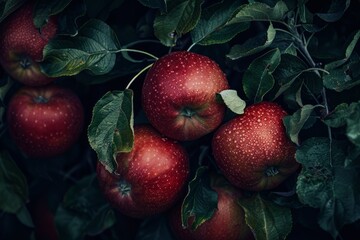 Harvest of ripe juicy red apples on a branch in the garden, agribusiness business concept, organic healthy food and non-GMO fruits with copy space
