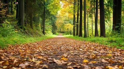 Canvas Print - Autumn Forest Path with Fallen Leaves.