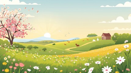 Cartoon Vector A peaceful spring countryside with farm animals, blooming fields, and a clear sky