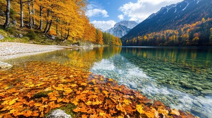 Wall Mural - Autumn Leaves in Crystal Clear Water.