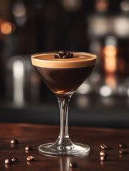 An espresso martini with a smooth, dark appearance and coffee beans floating on top. The cocktail is set on a sleek bar counter with a modern, stylish background.