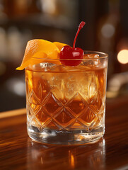 An Old Fashioned cocktail served in a lowball glass, garnished with an orange twist and a cherry. The drink is set on a wooden bar with a classic, sophisticated background.