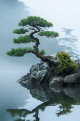 Wall Mural - there is a small pine tree on a rock in the water