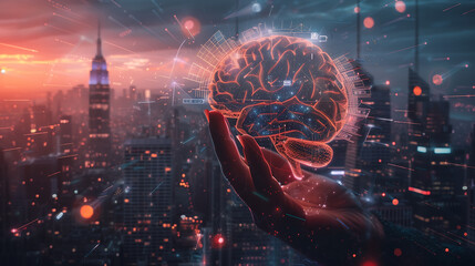 technology concept with hand holding digital brain made of gears and network connections on city background. 