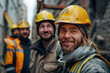 © Pawina - Portrait of smiling group of four construction workers in a small construction site,generative ai