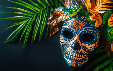 Mask for Day of the Dead festival in Mexico, Dia de los Muertos for banners posters backgrounds, dark background with copy space