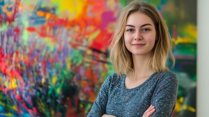 Wall Mural - A young Caucasian female artist standing in front of a vibrant modern art piece