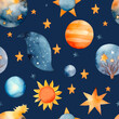 © Outlander1746 - Watercolor celestial seamless pattern with cute drawings of planets, sun and stars