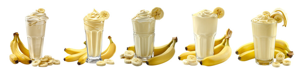 Wall Mural - Set of A tall glass of creamy banana milkshake with fresh bananas arranged around it, isolated on a transparent background