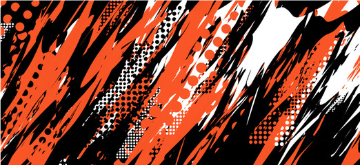 Poster - black, white, and orange abstract background with grunge halftone brush strokes