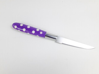 Small stainless steel knife with purple plastic handle isolated on white background