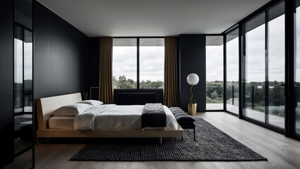 The Scandinavian bedroom is black and gray, looks minimalist and modern