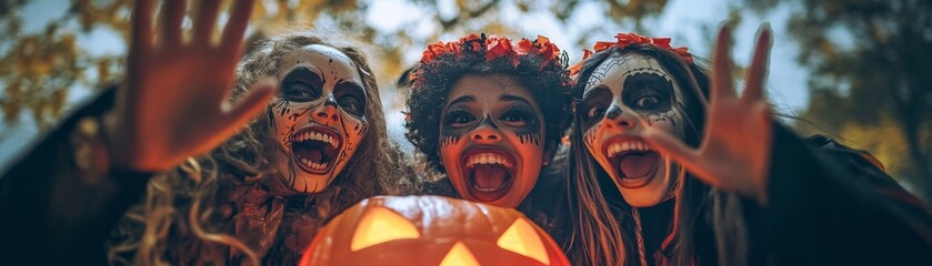 Cheerful Halloween Camaraderie: Group of Friends in Spooky Costumes Trick-or-Treating Together