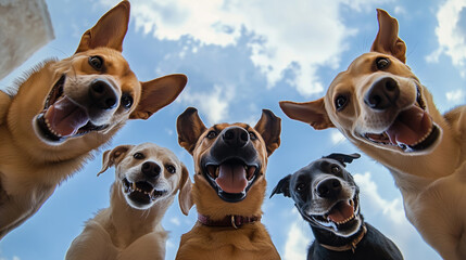 A cute group of dogs taking a selfie on a cell phone camera. Camera on the floor facing the sky.