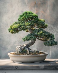 A meticulously styled bonsai tree gracefully showcases nature's artistry in a simple pot against a subtle background.