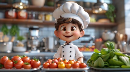 Wall Mural - Cartoon 3D chef cooking meals in the kitchen