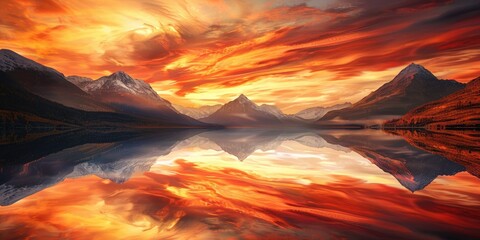 Poster - Sunset mountain landscape with serene lake vibrant orange and red sky and crystal clear water mirroring the mountain s outline