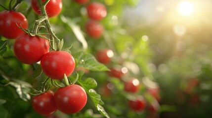 Vibrant red tomatoes hanging on green vines, bathed in warm sunlight, showcasing the beauty of nature's harvest.