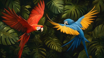 Sticker - Two Parrots in Tropical Foliage.