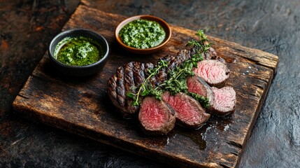 Wall Mural - Grilled fillet of beef, medium rare, with herb pesto, on a rustic wooden board, food photography