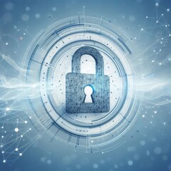 Abstract cyber security concept with a padlock icon, network data and dynamic lines on a light blue background
