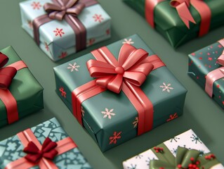 Wall Mural - A collection of beautifully wrapped gift boxes in festive colors with elegant bows, perfect for celebrations and holidays.