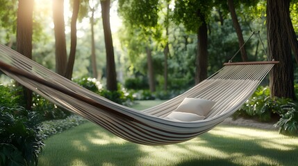 Wall Mural - semi close-up of a hammock in a garden, dappled sunlight, tranquil outdoor setting, more clarity wit