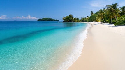 Wall Mural - a secluded beach with soft white sand, turquoise water, and palm trees swaying in the breeze