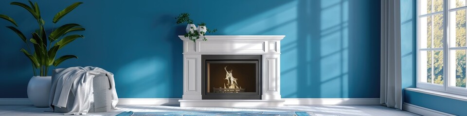 Canvas Print - White fireplace set against blue walls