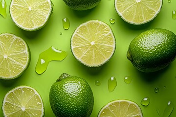 Juicy Limes on Green: A Refreshing Display of Citrus Fruits and Water Droplets