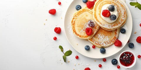 Poster - Top view of cottage pancakes with berry jam sour cream and fresh berries on a white background with space for text