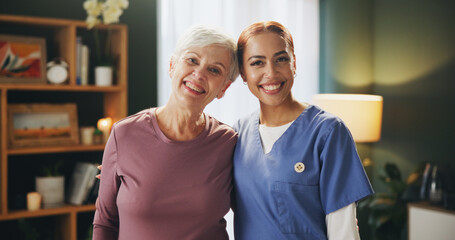 Poster - Senior woman, nurse and portrait at physiotherapy consultation with smile and happy from rehabilitation. Retirement, home care and kindness of physio with patient at medical clinic for wellness