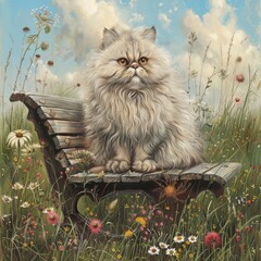 Wall Mural - A fluffy white cat sits on a wooden bench surrounded by wildflowers and a blue sky.