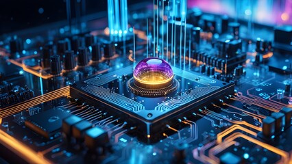 A computer chip with a purple ball on it