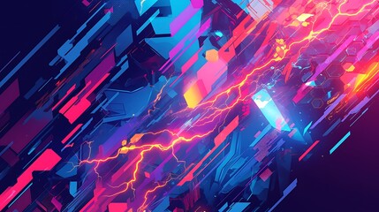 Wall Mural - A colorful, abstract image of a lightning bolt with a blue background. The image is full of bright colors and has a sense of energy and movement