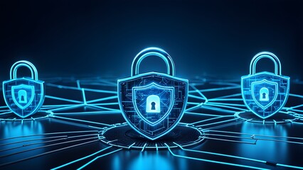 Three blue security locks are shown in a network of lines